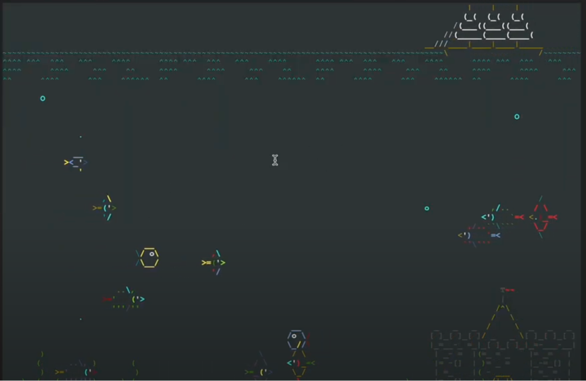 צילום מסך של מסוף המלא באמנות ASCII של דגים, המדגים את עומס יתר בחלון ההקשר של קלוד.